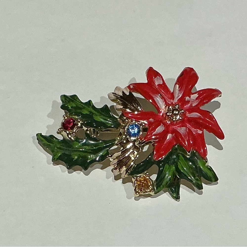 Vintage Beatrice AKA BJ Elegant Red and Green Floral Christmas Brooch
